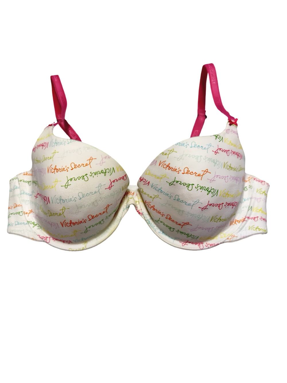 Victoria Secret Ivory w/ Multicolor Script + Hot Pink Strap Bra 36C